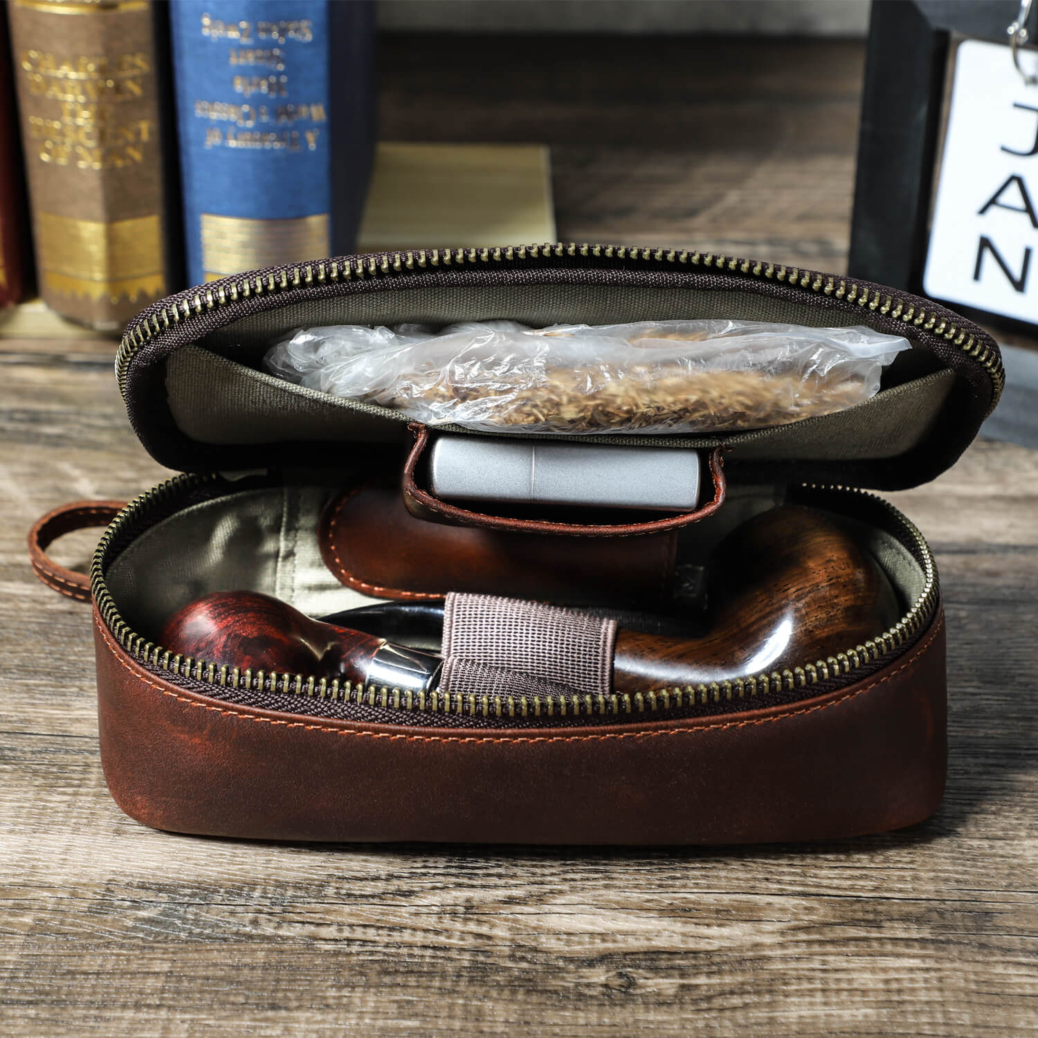 Handcrafted leather pipe and tobacco pouch vintage travel case smoking accessories - close-up of opening with inside compartments