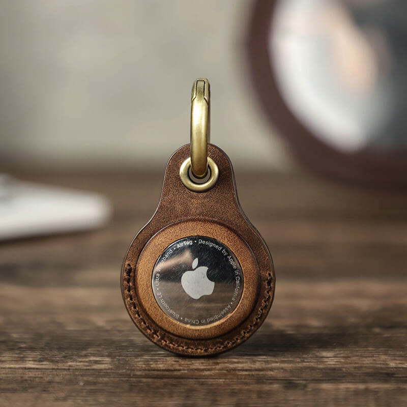 Handcrafted genuine leather AirTag key ring holder case in coffee color