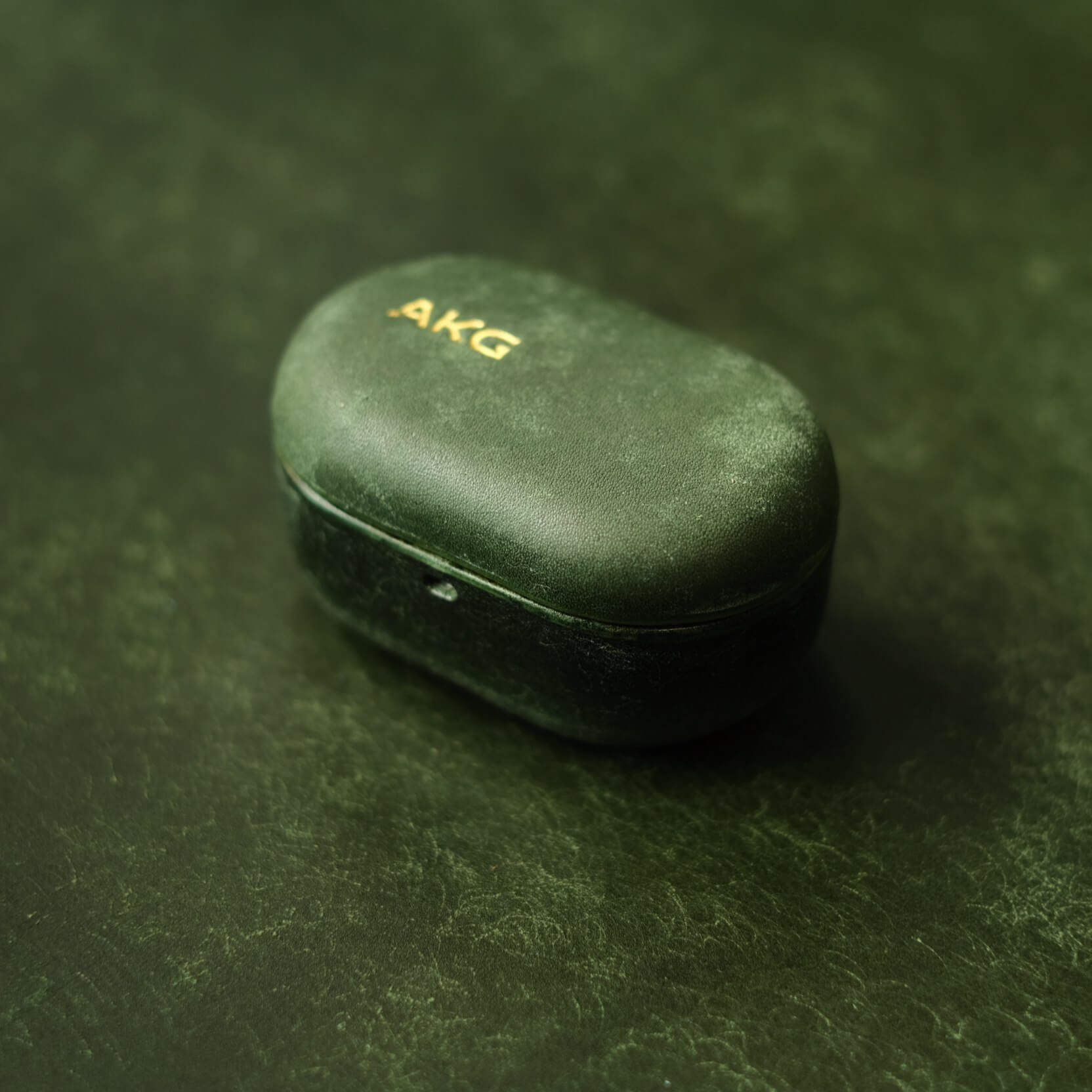 Handcrafted genuine leather earbuds case for AKG N5 in matte green personalized engraving gold logo