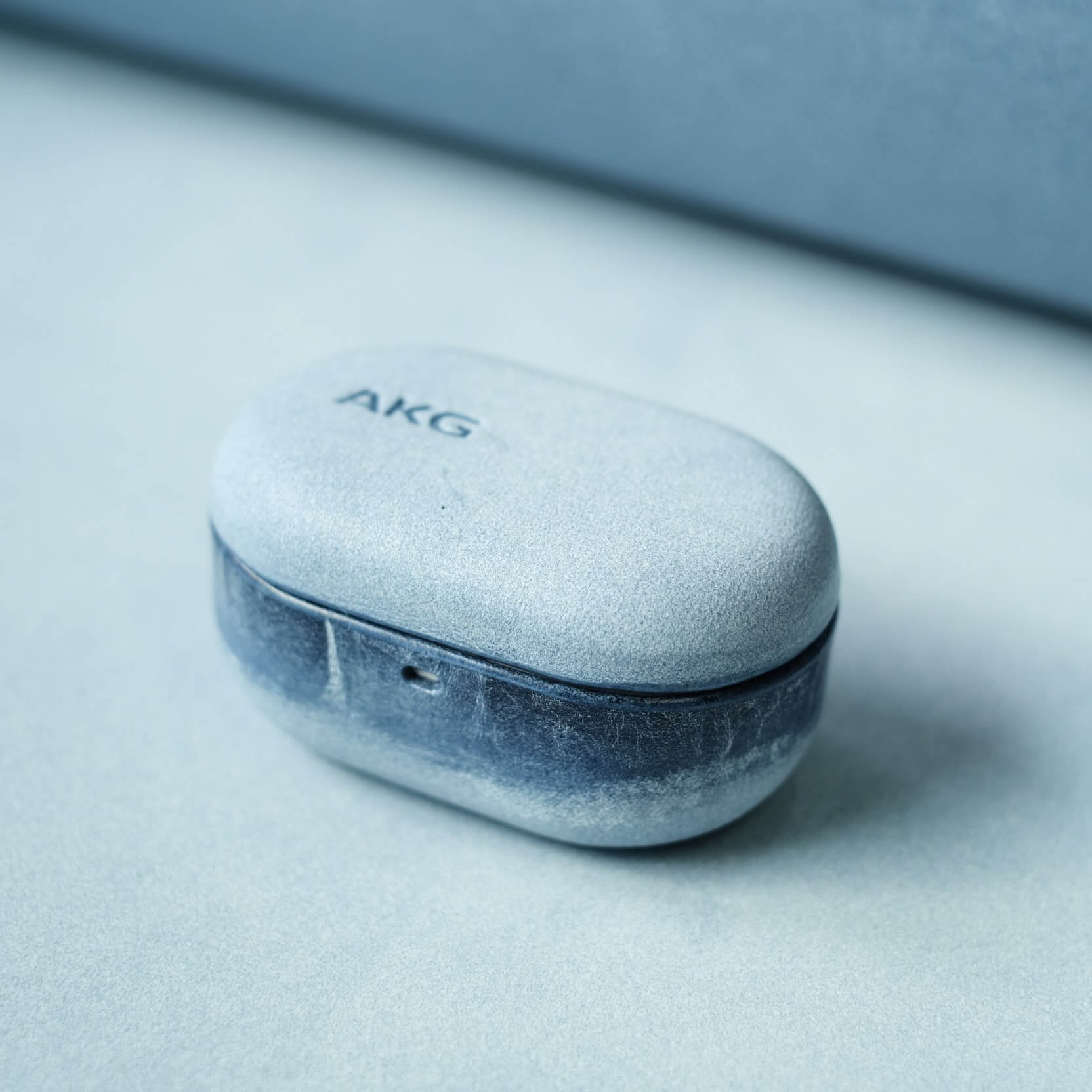 Handcrafted genuine leather earbuds case for AKG N5 in misty wax blue personalized engraving AKG