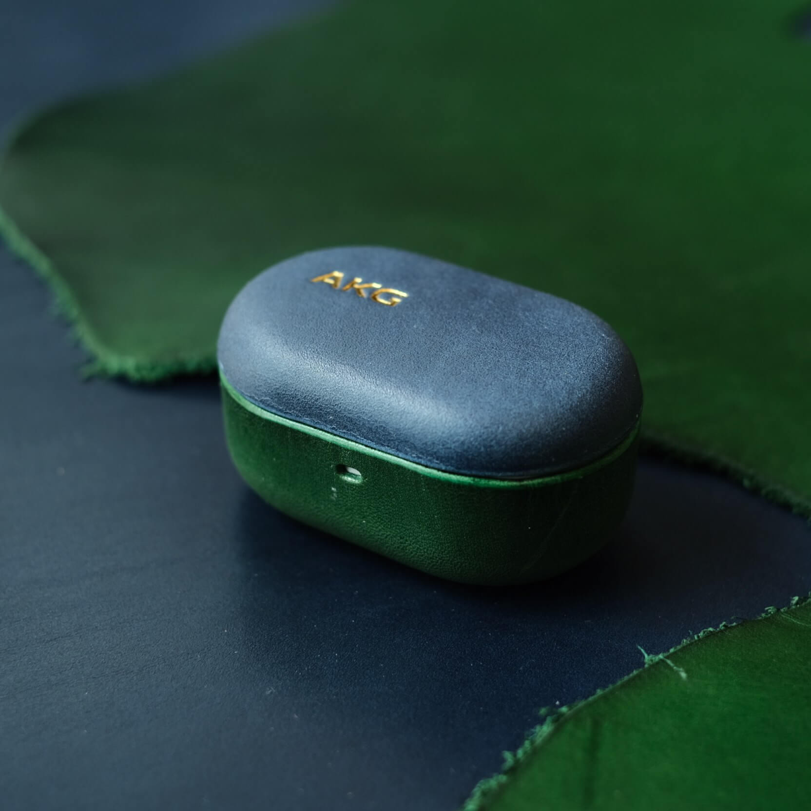 Handcrafted genuine leather earbuds case for AKG N5 in top navy and bottom green personalized engraving AKG