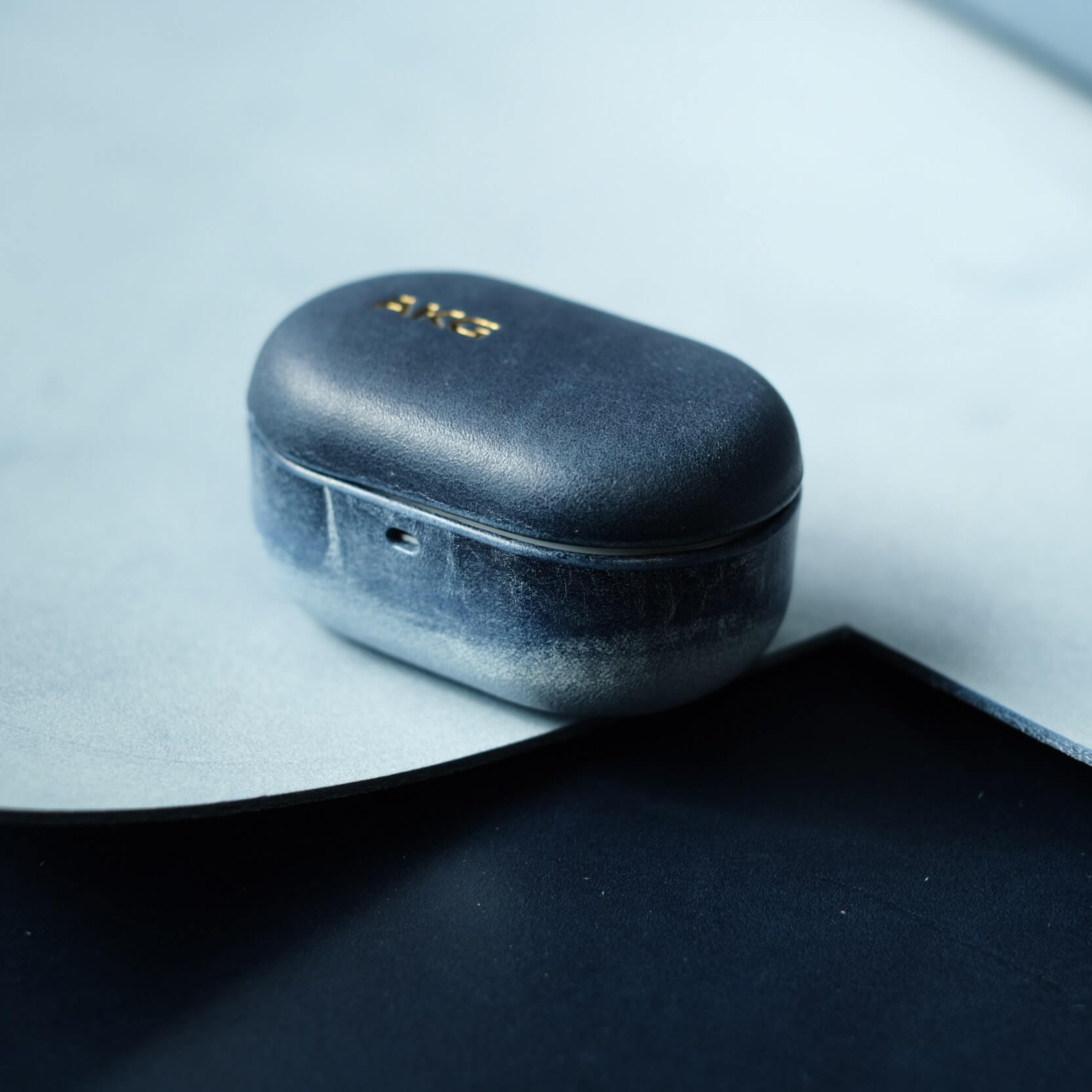 Handcrafted genuine leather earbuds case for AKG N5 in top navy and misty wax blue