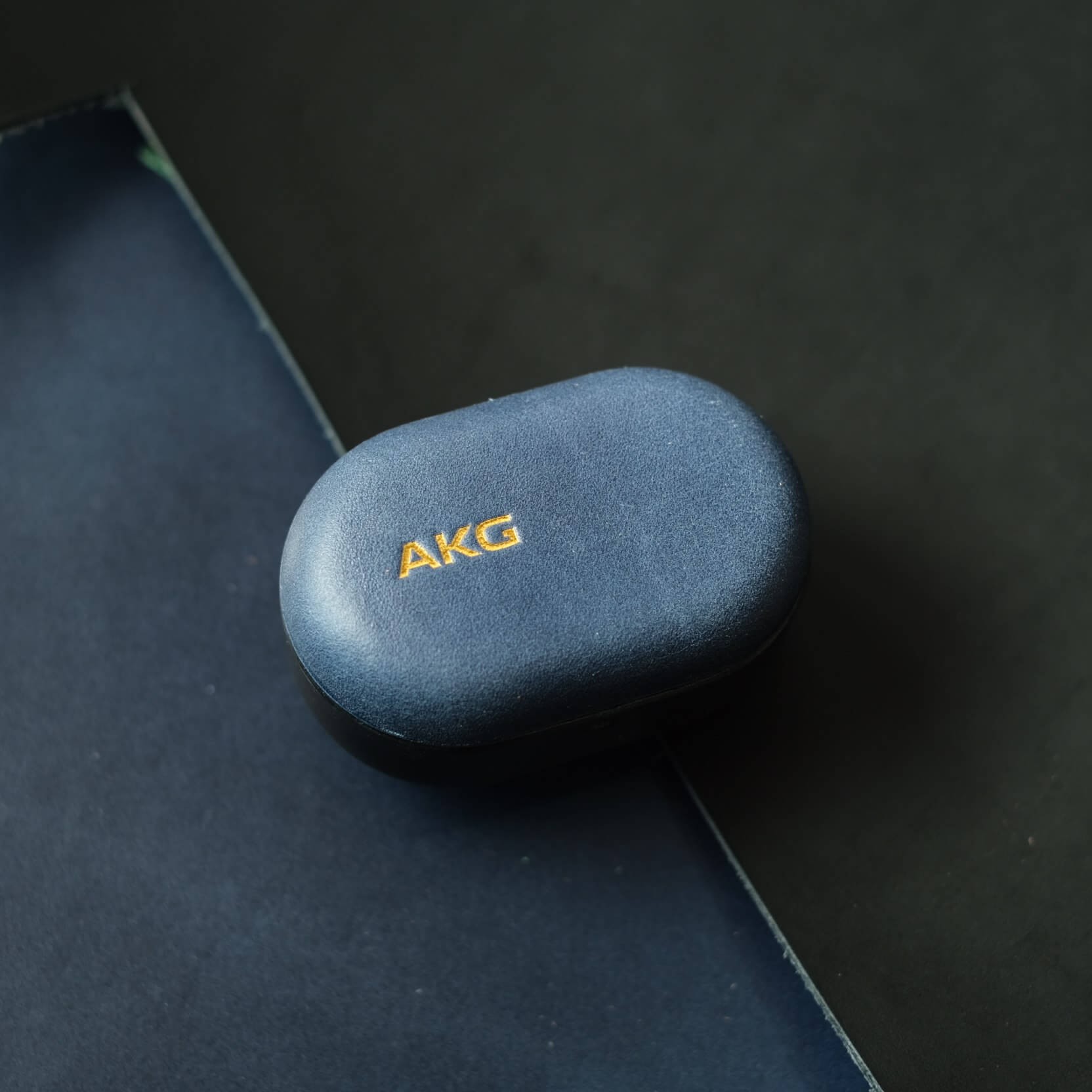 Handcrafted genuine leather earbuds case for AKG N5 in navy blue personalized engraving gold logo