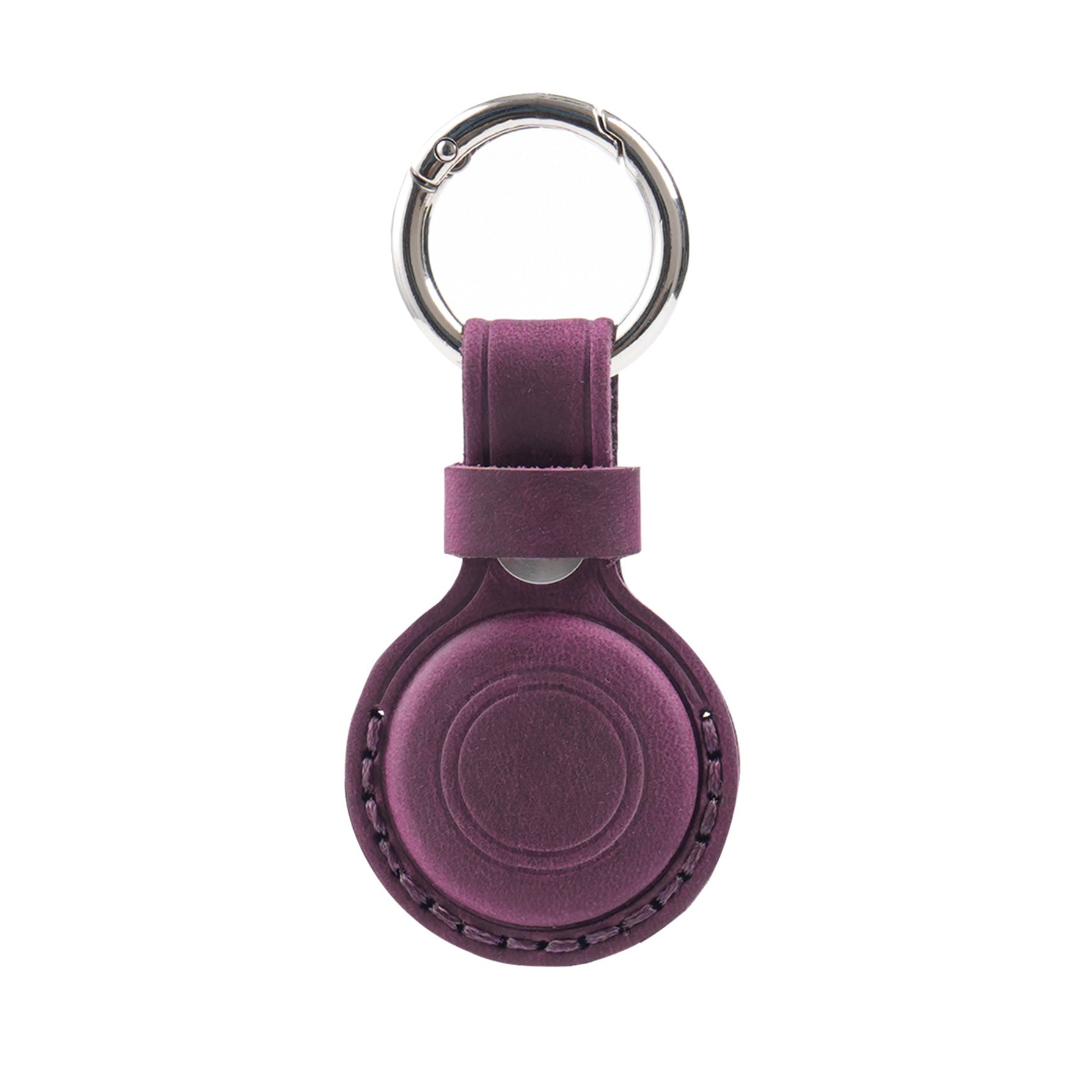 Purple keychain device with a circular design on a white background