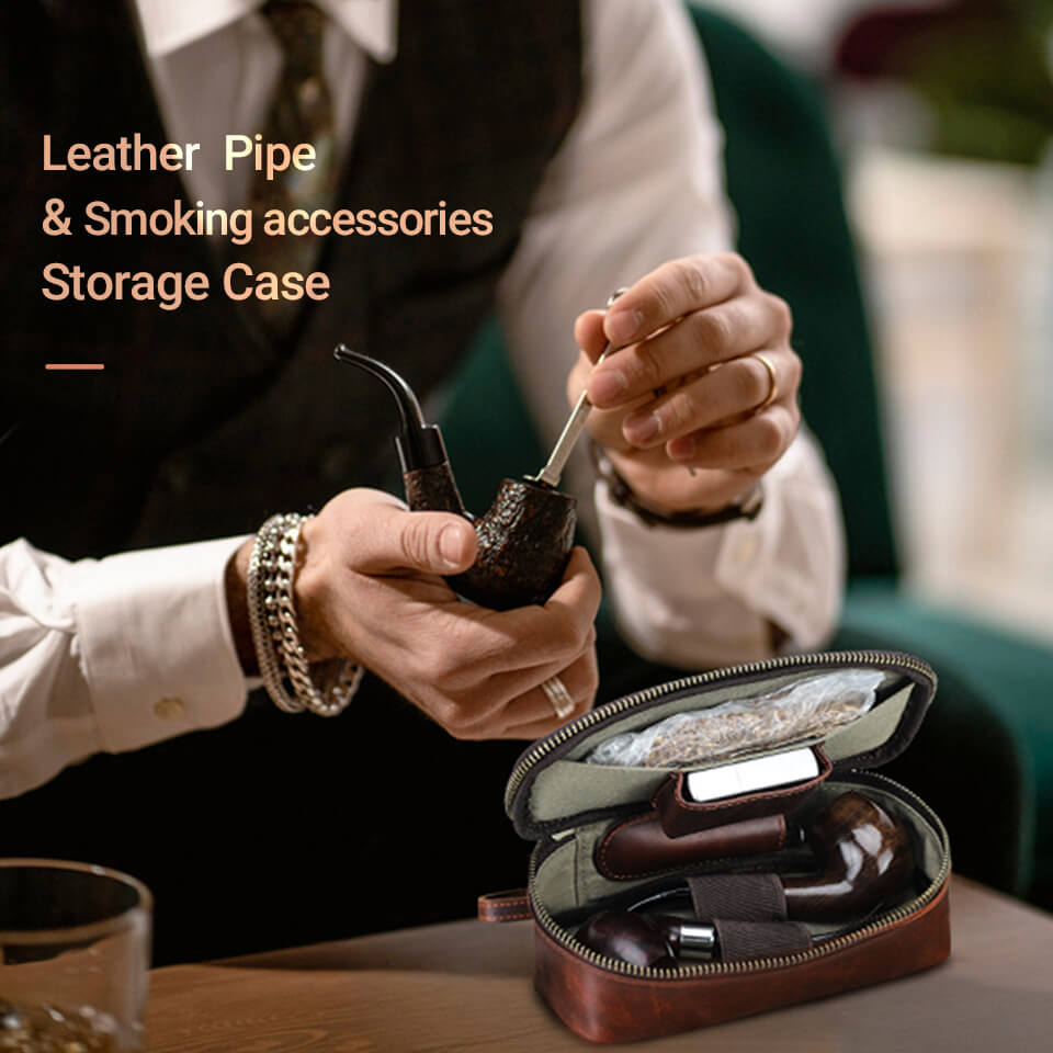 Handcrafted leather pipe and tobacco pouch vintage travel case smoking accessories - close-up of opening with inside compartments