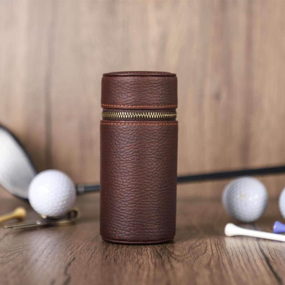 Handcrafted Personalized Full Grain Leather Waist-mounted Cylindrical Golf Ball Pouch Case - appearance close-up of zipper closed