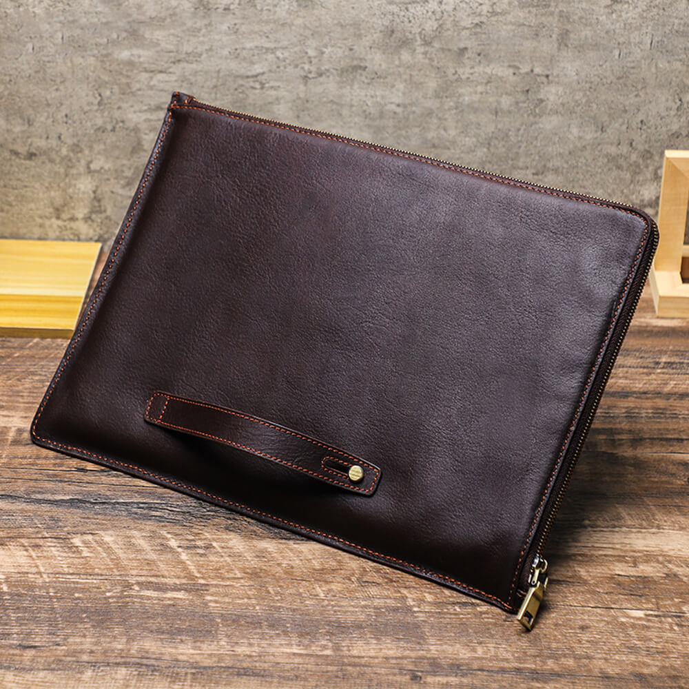 Personalized full-grain leather laptop sleeve for 13.3" 14.2" 15.6" 16.2" laptops with zipper closure &amp; handle