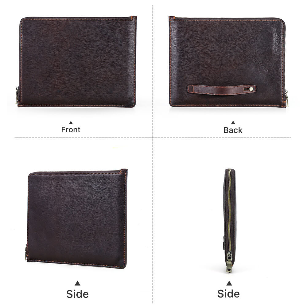 Handcrafted Personalized Full-grain Leather Zipper Tablet Sleeve for iPad Pro Air 12.9" 11" 10.5" /Mini 8.3" with Adjustable Handle