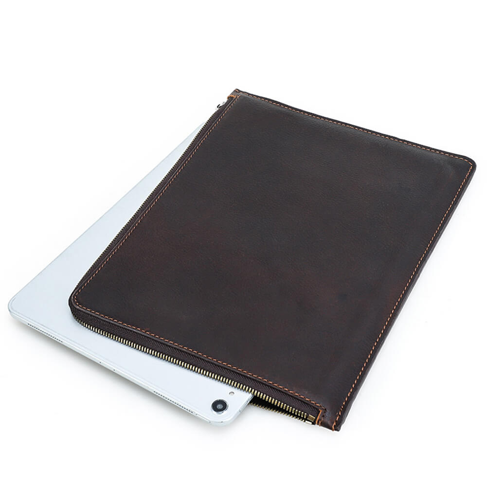 Handcrafted Personalized Full-grain Leather Zipper Tablet Sleeve for iPad Pro Air 12.9" 11" 10.5" /Mini 8.3" with Adjustable Handle