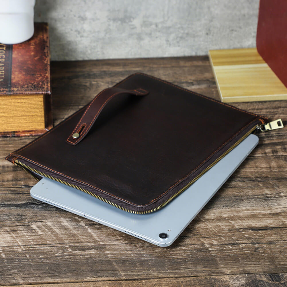Handcrafted Personalized Full-grain Leather Zipper Tablet Sleeve for iPad Pro Air 12.9" 11" 10.5" /Mini 8.3" with Adjustable Handle