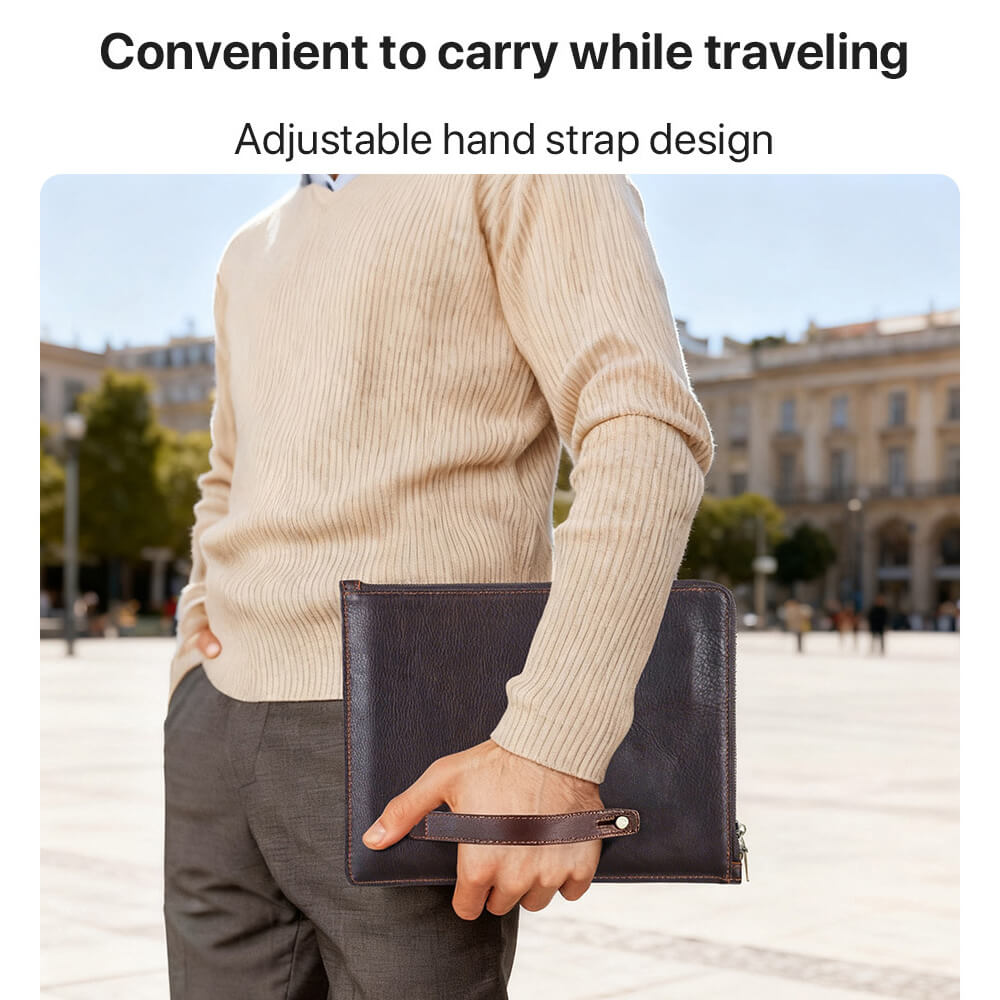 Handcrafted Personalized Full-grain Leather Zipper Tablet Sleeve for iPad Pro Air 12.9" 11" 10.5" /Mini 8.3" with Adjustable Handle