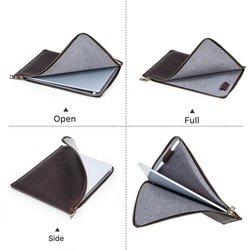 Handcrafted Personalized Full-grain Leather Zipper Tablet Sleeve for iPad Pro Air 12.9" 11" 10.5" /Mini 8.3" with Adjustable Handle