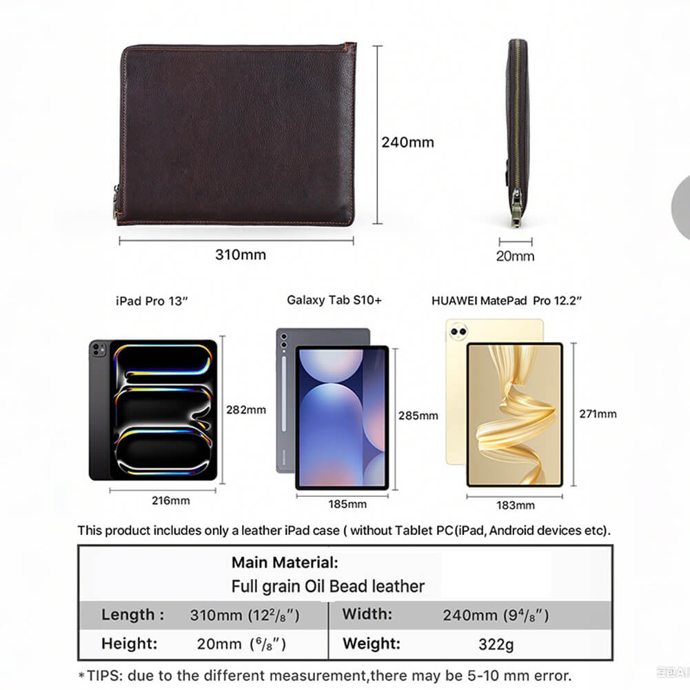 Handcrafted Personalized Full-grain Leather Zipper Tablet Sleeve for iPad Pro Air 12.9" 11" 10.5" /Mini 8.3" with Adjustable Handle