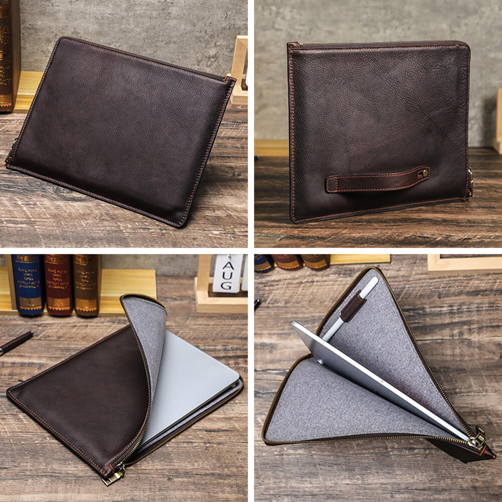 Handcrafted Personalized Full-grain Leather Zipper Tablet Sleeve for iPad Pro Air 12.9" 11" 10.5" /Mini 8.3" with Adjustable Handle