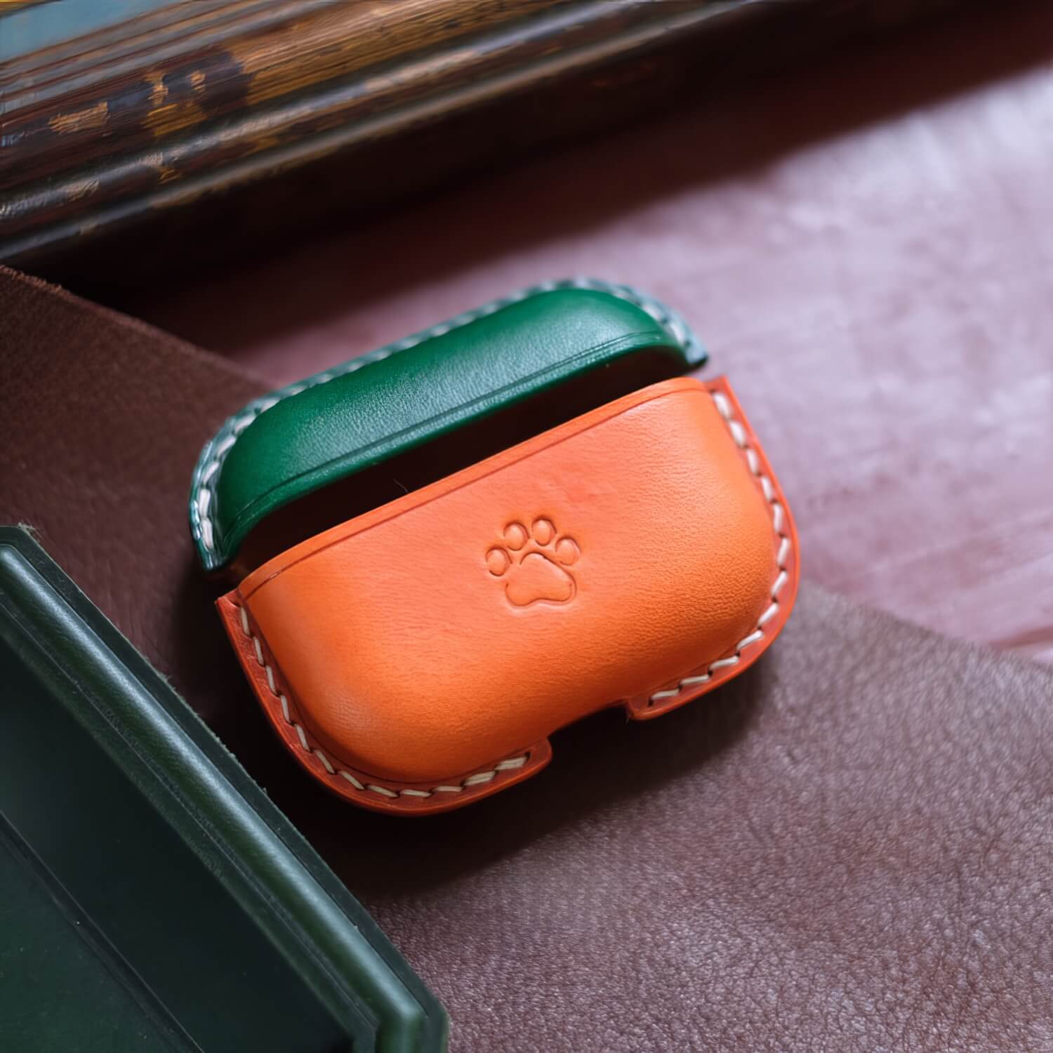 Green and orange two tones handcrafted personalized leather earbuds case for AirPods Pro 3 with paw print customized engraving design