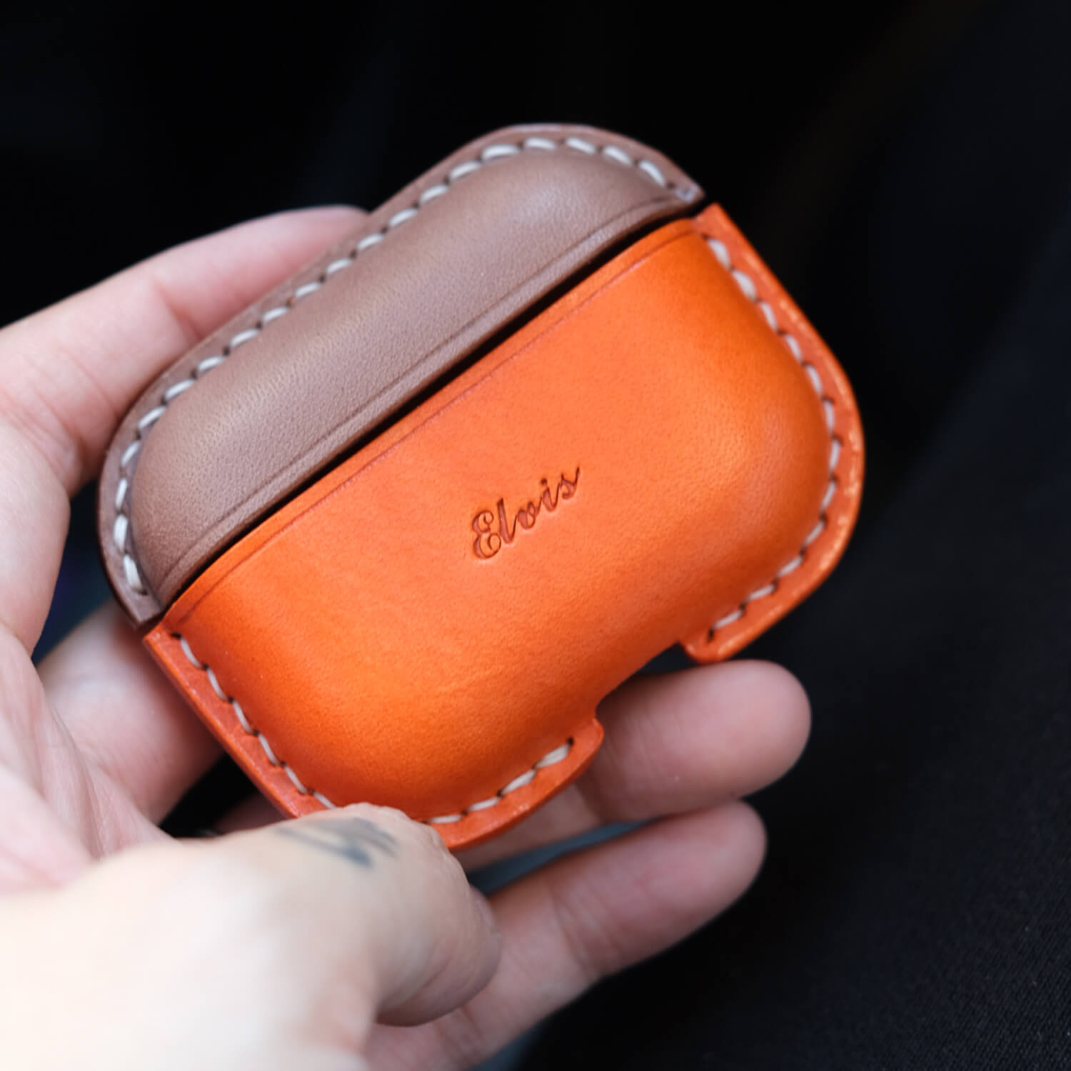 top light brown and orange handcrafted personalized leather earbuds case for AirPods Pro 3 with customized personalized engraving text example