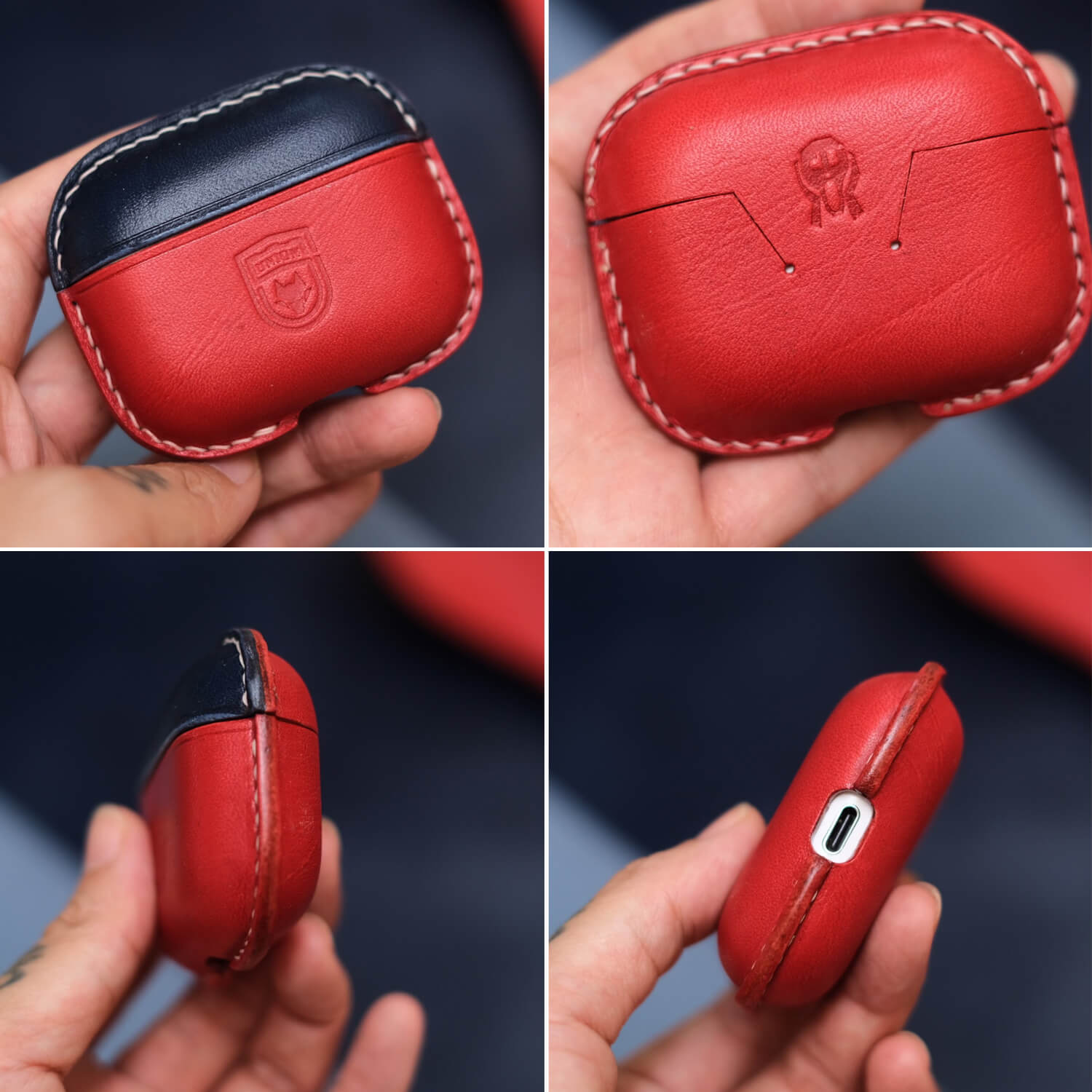 Navy and red close-up of handcrafted personalized leather earbuds case for AirPods Pro 3, showing different angles and details.