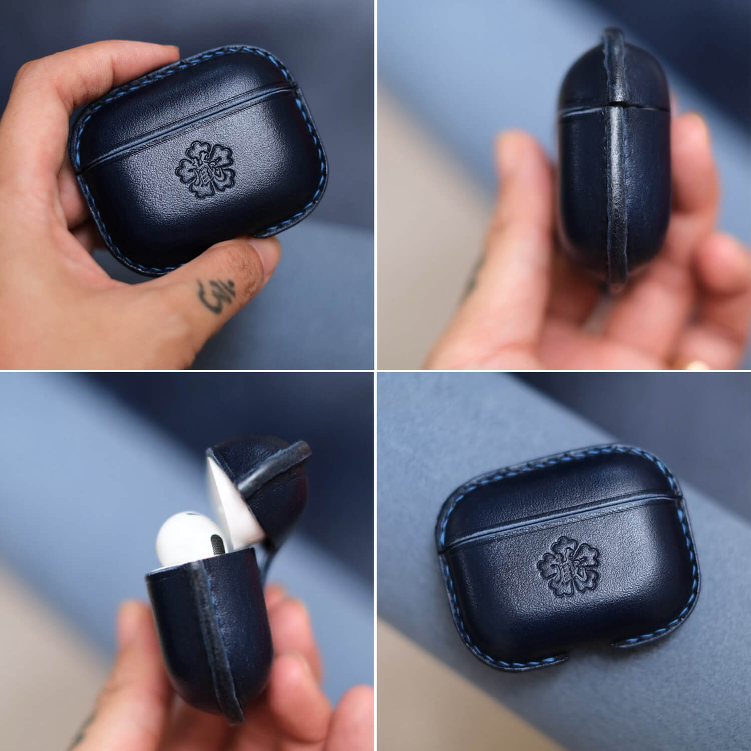 Navy and red close-up of handcrafted personalized leather earbuds case for AirPods Pro 3, showing different angles and details.