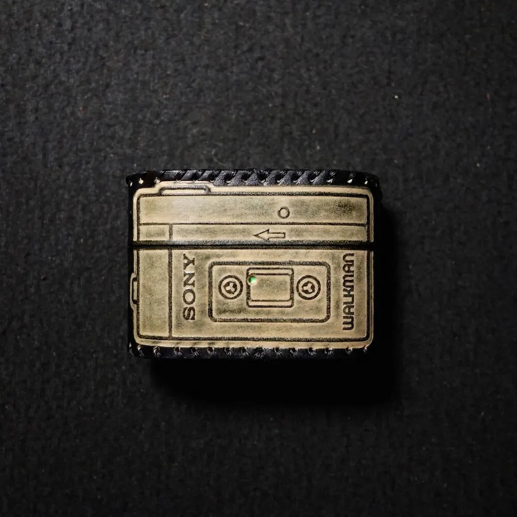 Front view of Sony WF-1000XM6 case with retro Walkman-inspired leather embossing, a perfect nostalgic accessory for audiophiles.