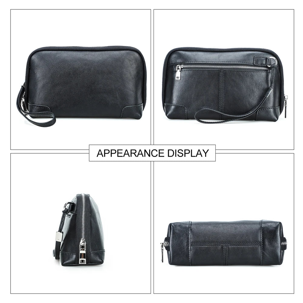 Four-panel appearance display collage of a black handmade vegetable-tanned leather clutch bag, showing the front, back, side profile, and bottom views with text label.
