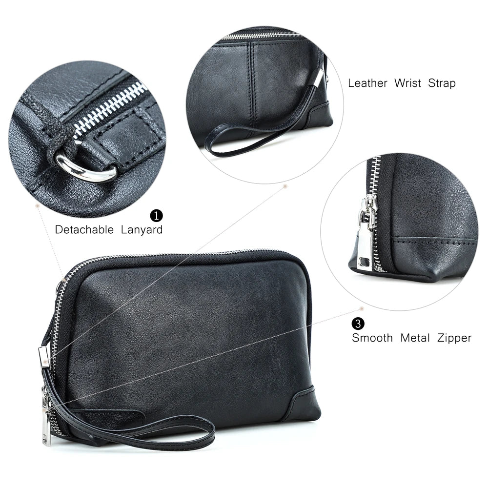 Feature detail diagram of a black handmade vegetable-tanned leather clutch bag with three circular callouts highlighting the detachable lanyard, leather wrist strap, and smooth metal zipper.