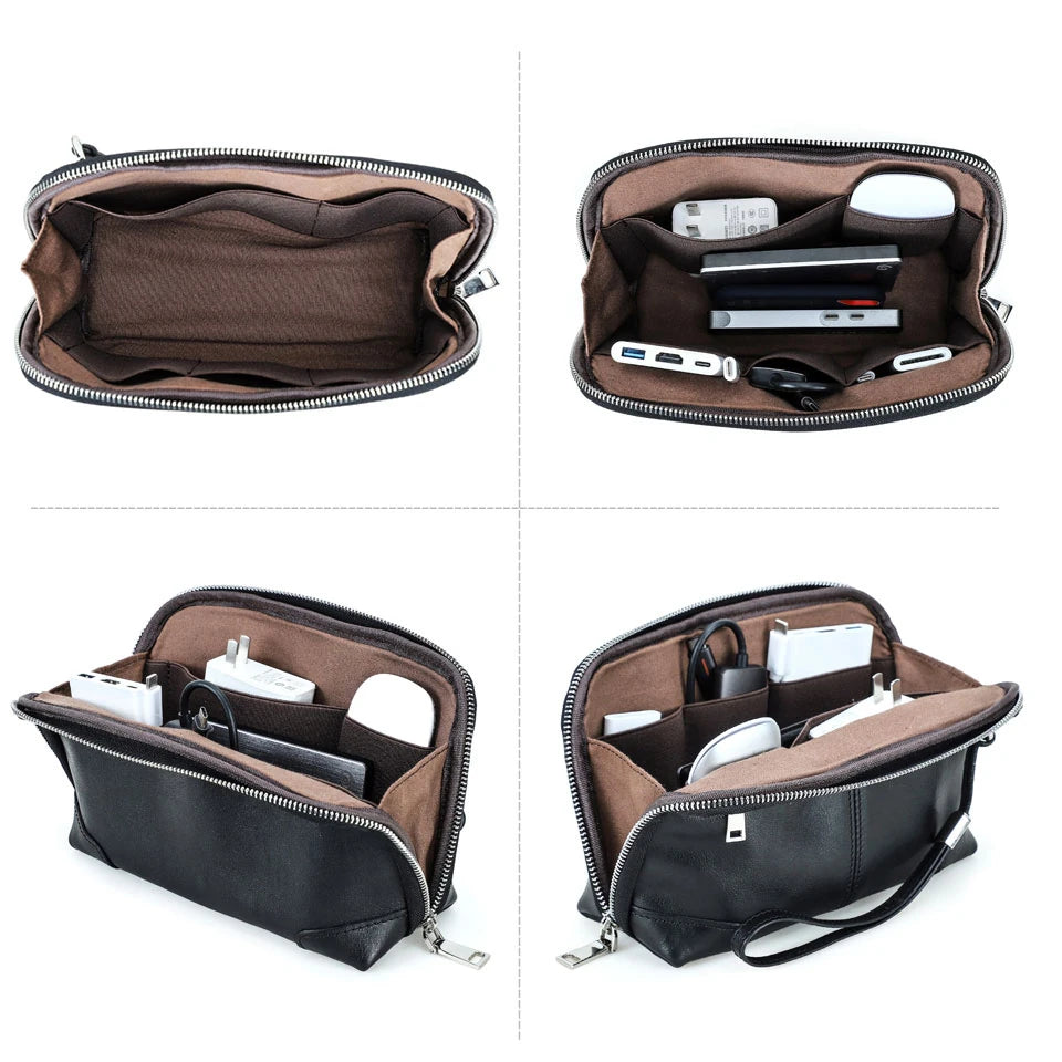 Four-panel grid showing the open interior of a black handmade vegetable-tanned leather clutch bag, displaying its brown lined compartments both empty and packed with tech accessories.