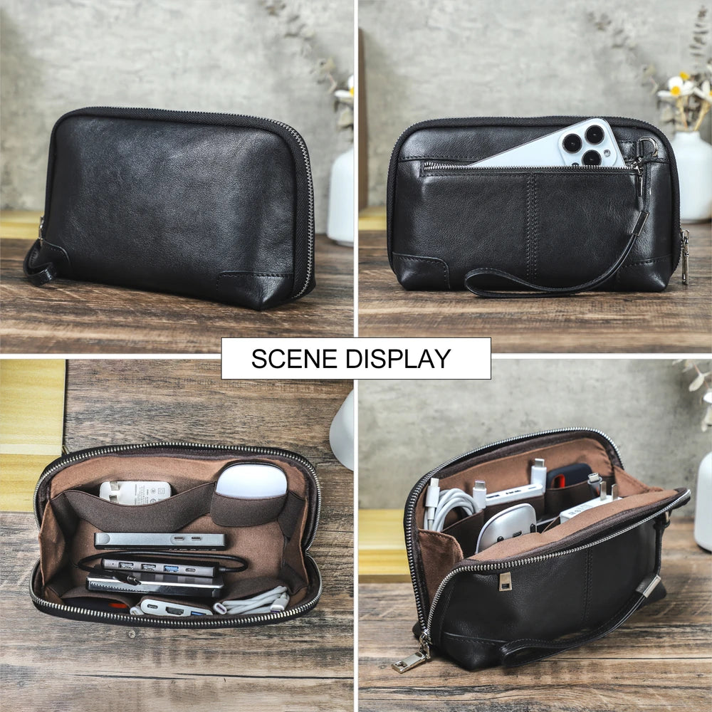 Four-panel scene display collage of a black handmade vegetable-tanned leather clutch bag on a wooden table, showing closed views, a smartphone in the front pocket, and open views packed with accessories.
