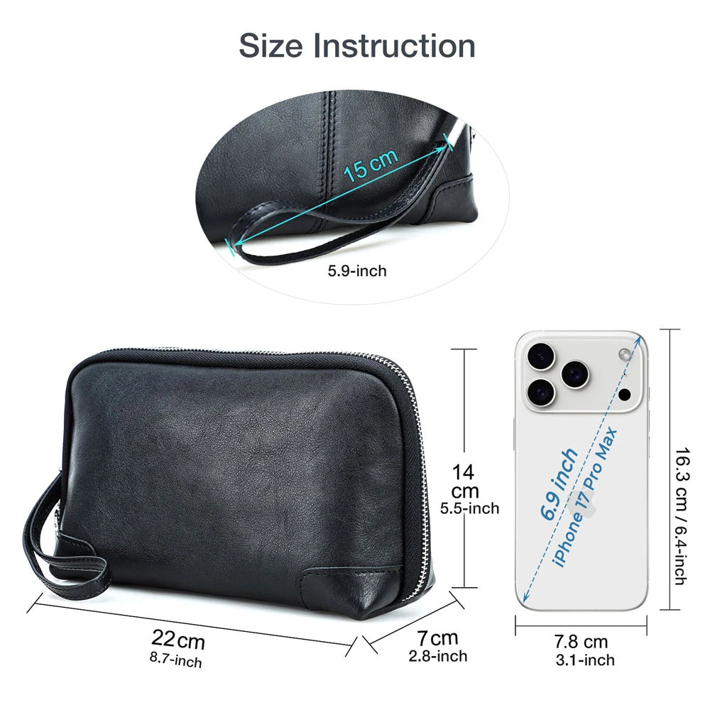 Size instruction diagram of a black handmade vegetable-tanned leather clutch bag showing pouch dimensions (22 x 7 x 14 cm), wrist strap length (15 cm), and iPhone 17 Pro Max size compatibility.
