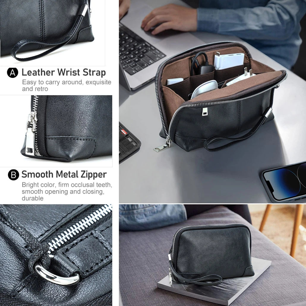 Collage of a black handmade vegetable-tanned leather pouch. Features an open desk view packed with electronics, a closed view on a magazine, and close-ups highlighting the leather wrist strap and smooth metal zipper with text callouts.