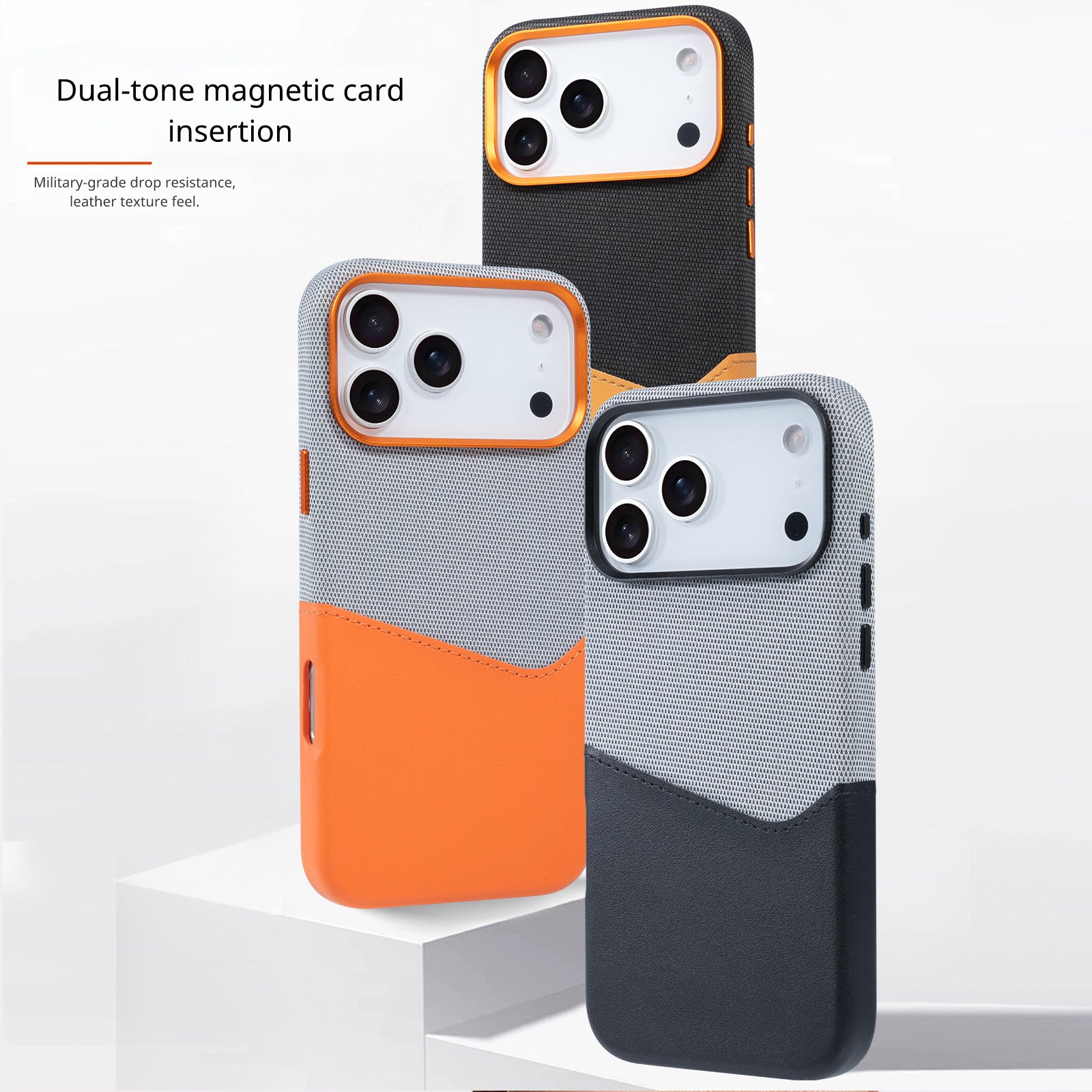 Custodia iPhone 17 Pro Max Card Holder Magnetic Back Cover con design a doppia tonalità con colori arancioni, grigi e neri su sfondo bianco.