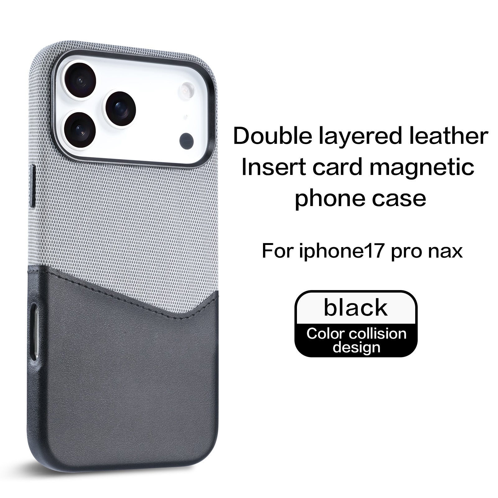 Custodia magnetica posteriore per iPhone 17 Pro Max con portacarte in tessuto e pelle in nero
