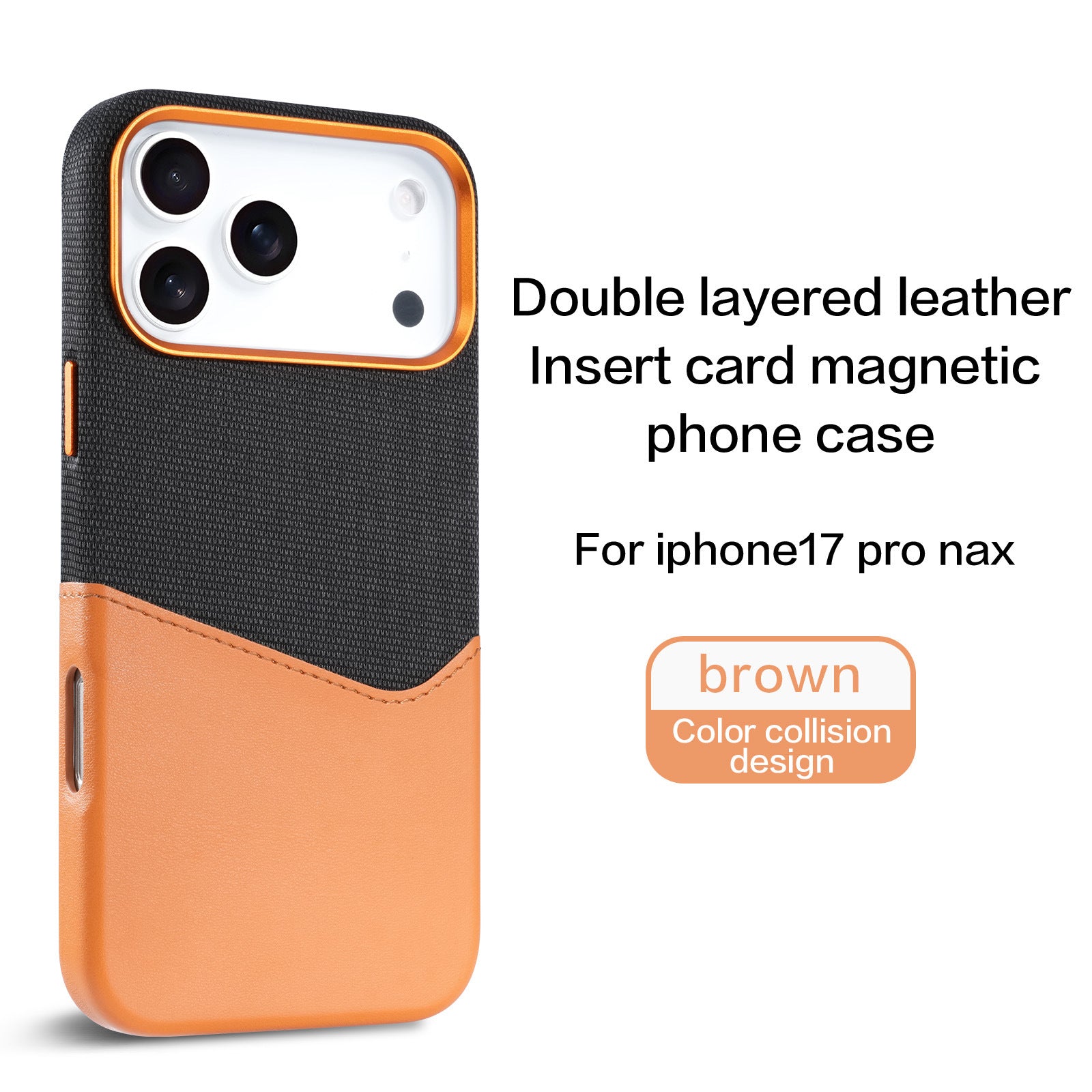 Custodia magnetica posteriore per iPhone 17 Pro Max con portacarte in pelle e stoffa in marrone