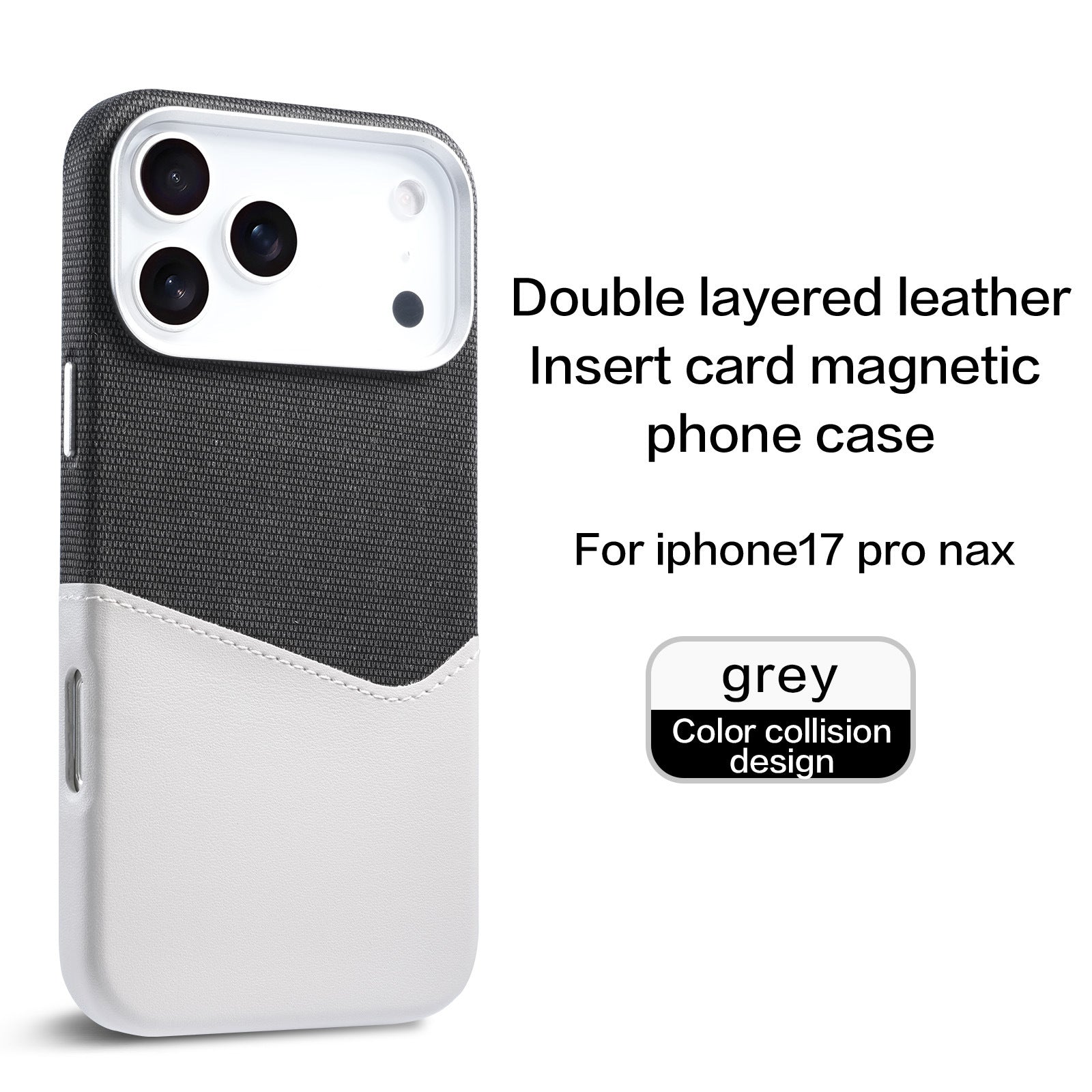 Custodia magnetica posteriore per iPhone 17 Pro Max con supporto per carte di credito, in grigio.