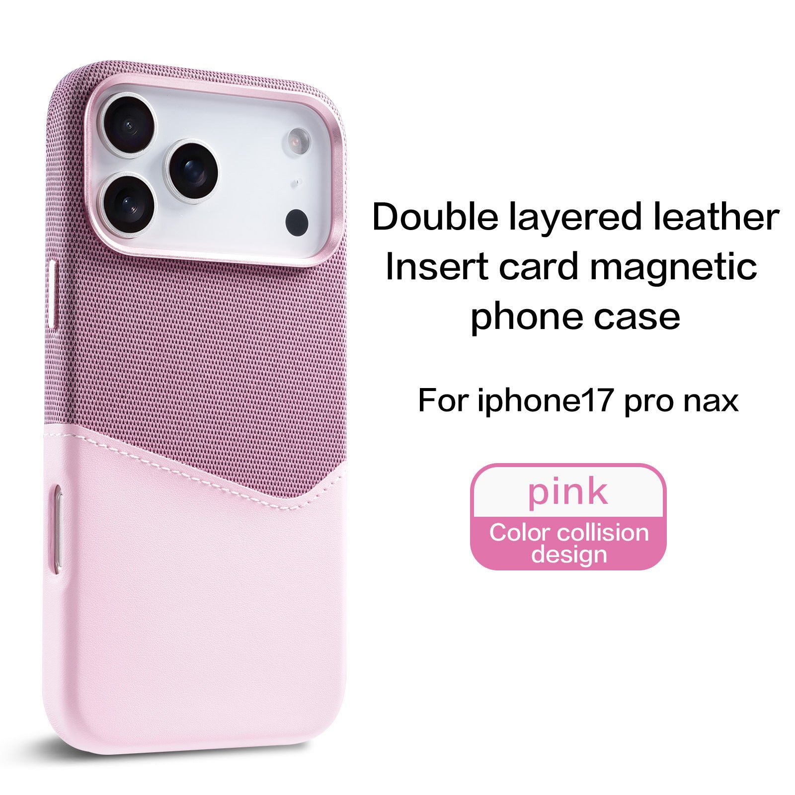 Custodia posteriore magnetica MagSafe per iPhone 17 Pro Max in pelle e stoffa, in rosa