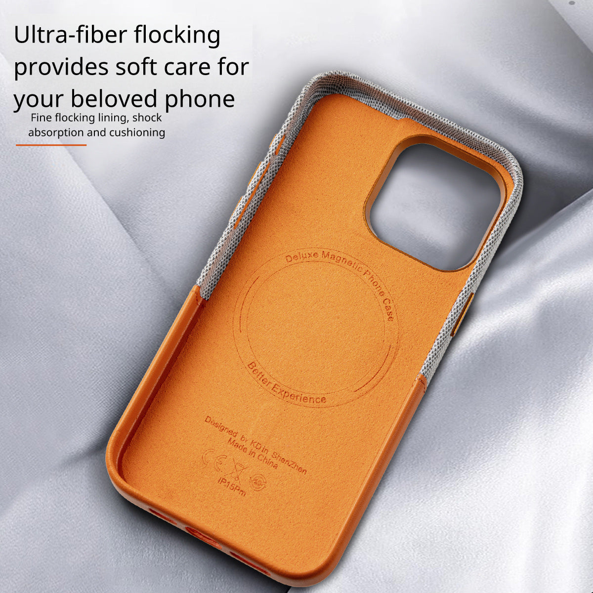 Custodia magnetica posteriore per iPhone 17 Pro Max con testo sulla floccatura ultra-fibra su sfondo grigio.