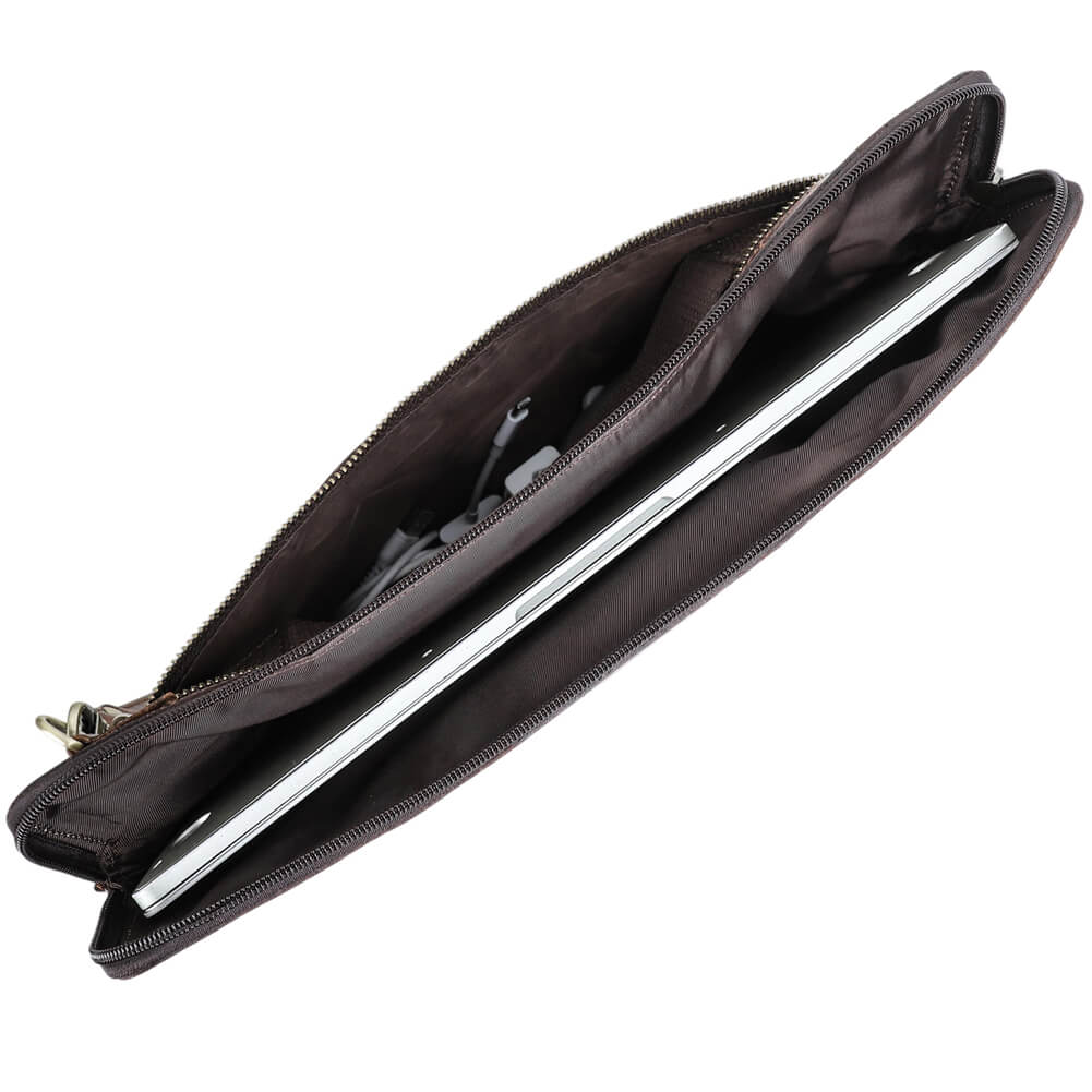 フルグレインオイルビーズレザー製 16インチMacBook Pro用 ノートパソコン用ジッパー付きスリーブバッグ -レザー製スリーブ内部にはアクセサリー用の複数のジッパー付きコンパートメントが配置されています