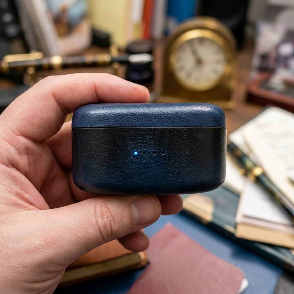 Funda de cuero premium azul hecha a mano para Noble FoKus Prestige Encore, presentada en un entorno clásico y vintage.