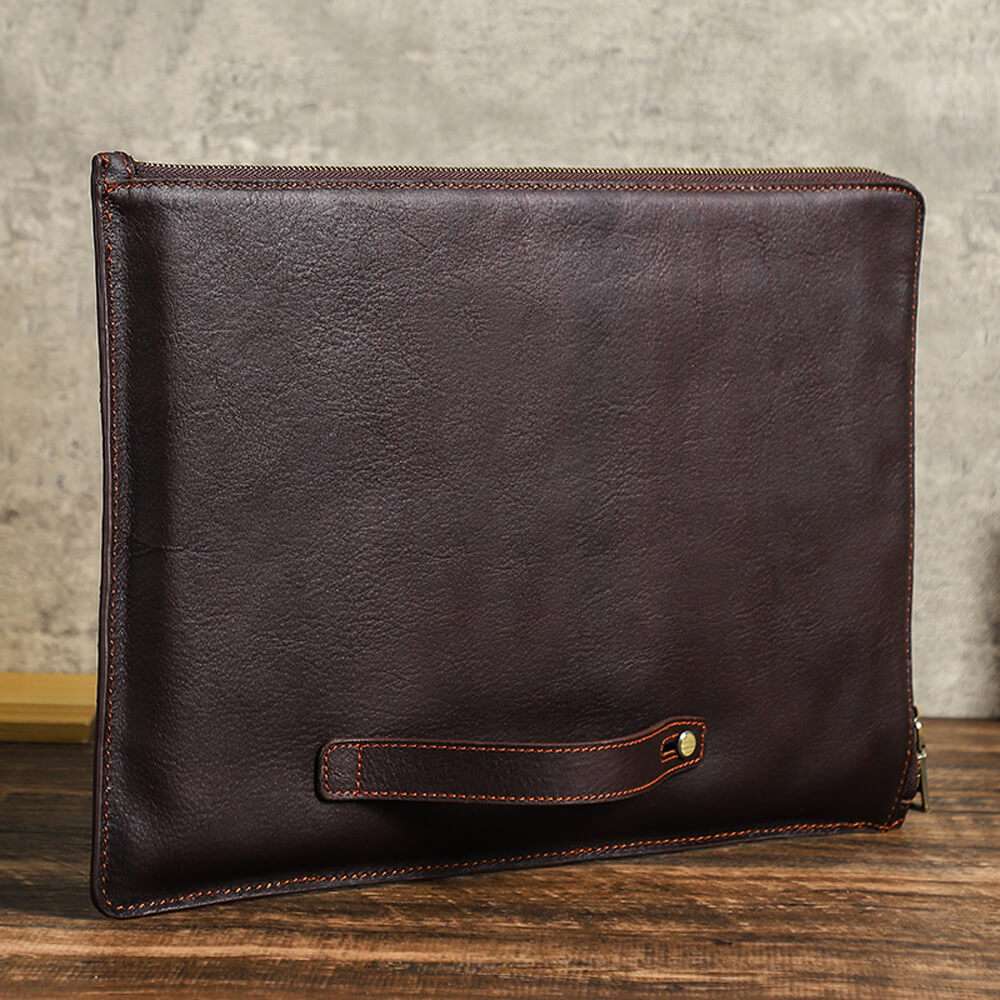 Personalized custom laser engraving full-grain leather laptop sleeve for 13.3" 14.2" 15.6" 16.2" laptops with zipper closure &amp; handle - 45-degree angle side close-up