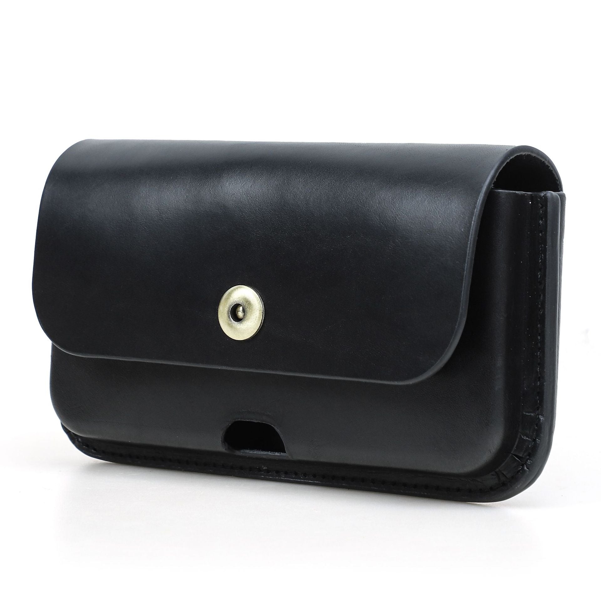 パーソナライズド 植物タンニン鞣し革製 ベルト装着型 携帯電話ホルスター留め具付き クローズド状態 ブラック