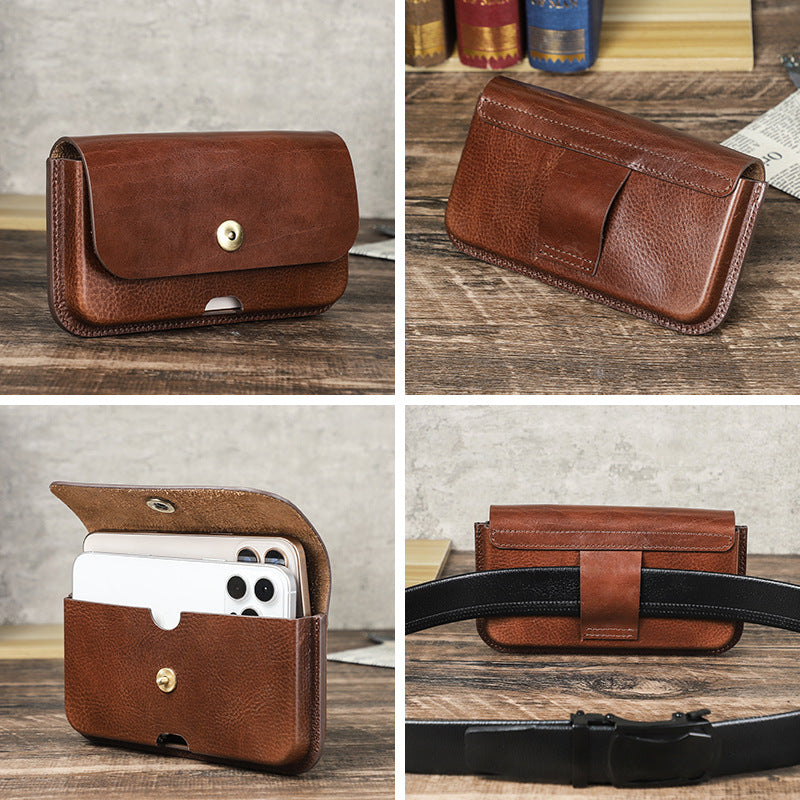 Vintage leather waist phone pouch worn on belt for hands-free carry - multi-angles appearance show