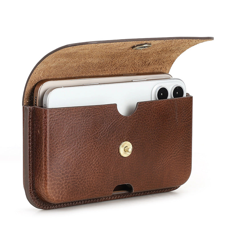 コーヒー色の開閉式留め具付き、パーソナライズされた植物タンニン鞣し革製ベルト装着型携帯電話ホルスター
