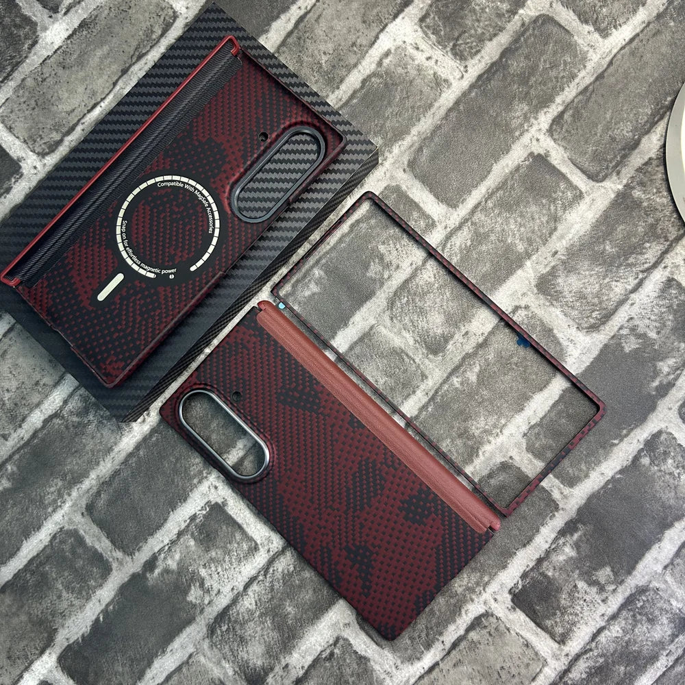 Camo Red aramid fiber magnetic protective case for Samsung Galaxy Z Fold 8 Ultra. The image shows the full set including the back cover with MagSafe-compatible magnetic ring, hinge protection and front frame.