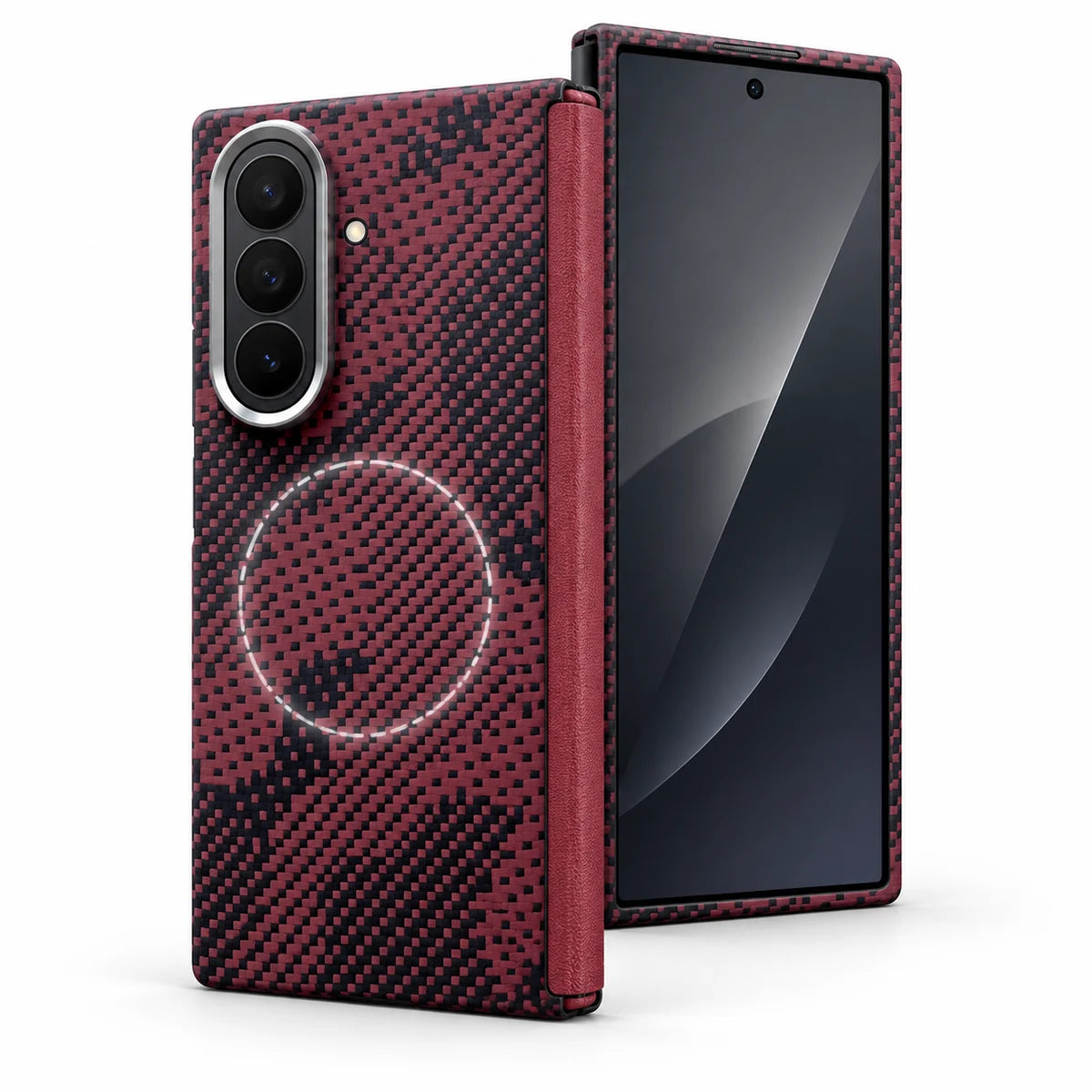 حافظة مغناطيسية من ألياف الأراميد لـ Samsung Galaxy Z Fold 8 Ultra باللون الكامو الأحمر، طقم كامل مع حماية للمفصلة، مزودة بحلقة MagSafe وإطار أمامي وإطار كاميرا معدني مرتفع.