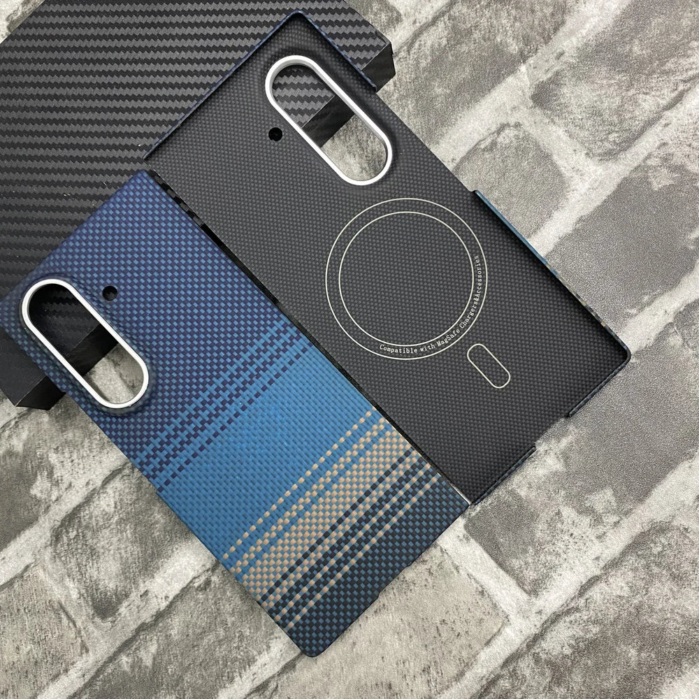 Moonrise Blue aramid fiber magnetic protective case for Samsung Galaxy Z Fold 8 Ultra. The image shows only the back cover built with a MagSafe-compatible magnetic ring, featuring a blue woven Kevlar texture with stripes on a brick background.