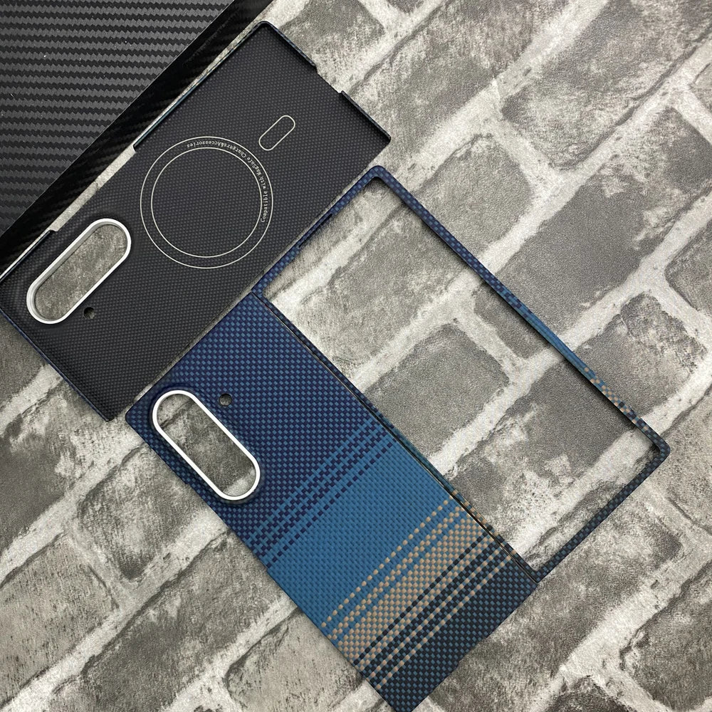 Moonrise Blue aramid fiber magnetic protective case for Samsung Galaxy Z Fold 8 Ultra. The image shows the full set without hinge protection, including the back cover built with a MagSafe-compatible magnetic ring and the front frame, featuring a blue woven Kevlar texture with stripes on a brick background.