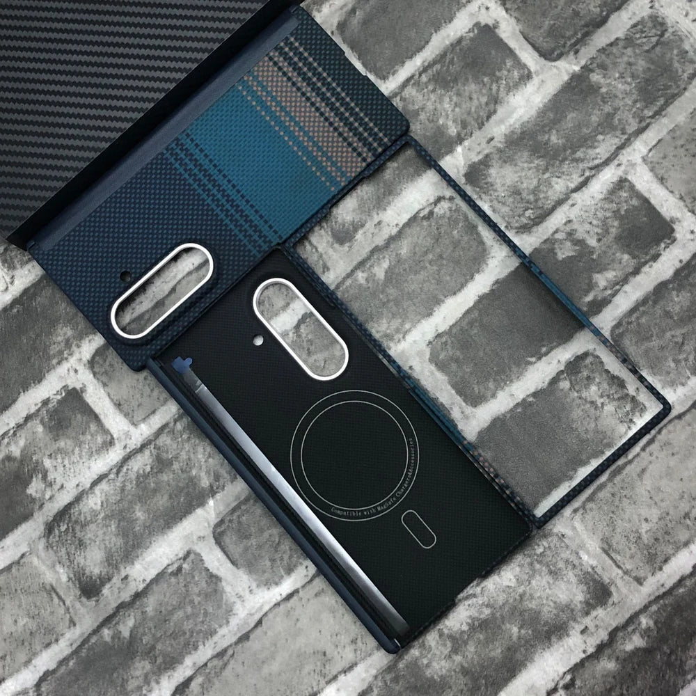 Moonrise blue aramid fiber magnetic protective case for Samsung Galaxy Z Fold 8 Ultra. The image shows the full set including the back cover with MagSafe-compatible magnetic ring, hinge protection and front frame.