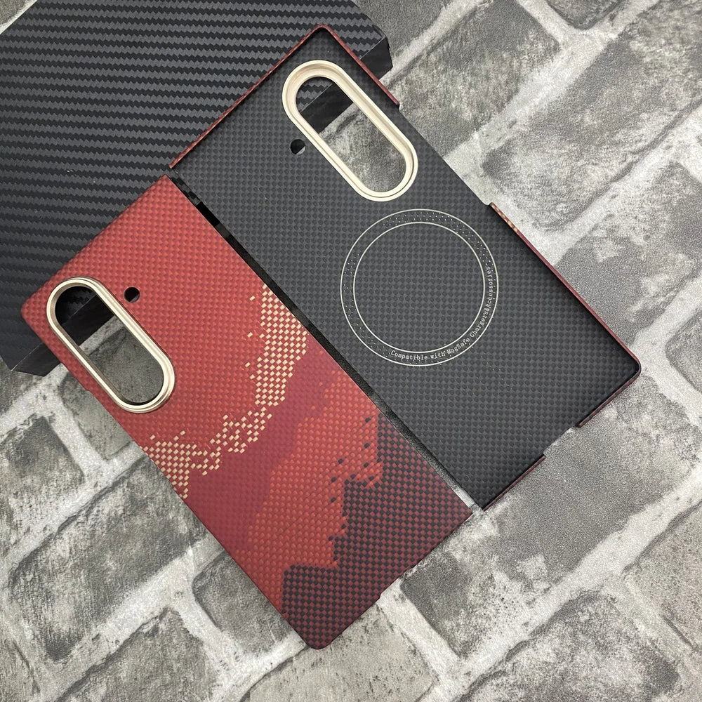 Sunlit Golden Mountain aramid fiber magnetic protective case for Samsung Galaxy Z Fold 8 Ultra. The image shows only the back cover built with a MagSafe-compatible magnetic ring, featuring a red and golden mountain patterned woven Kevlar texture on a brick background. It does not include the hinge protector or front frame.