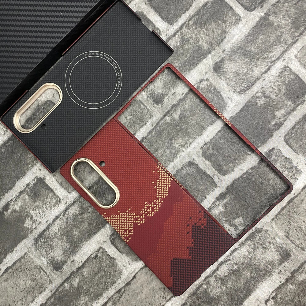 Aramid Fiber Magnetic Case for Samsung Galaxy Z Fold 8 Ultra in Sunlit Golden Mountain, full set without hinge protection, including back cover built with a MagSafe-compatible ring and front frame.