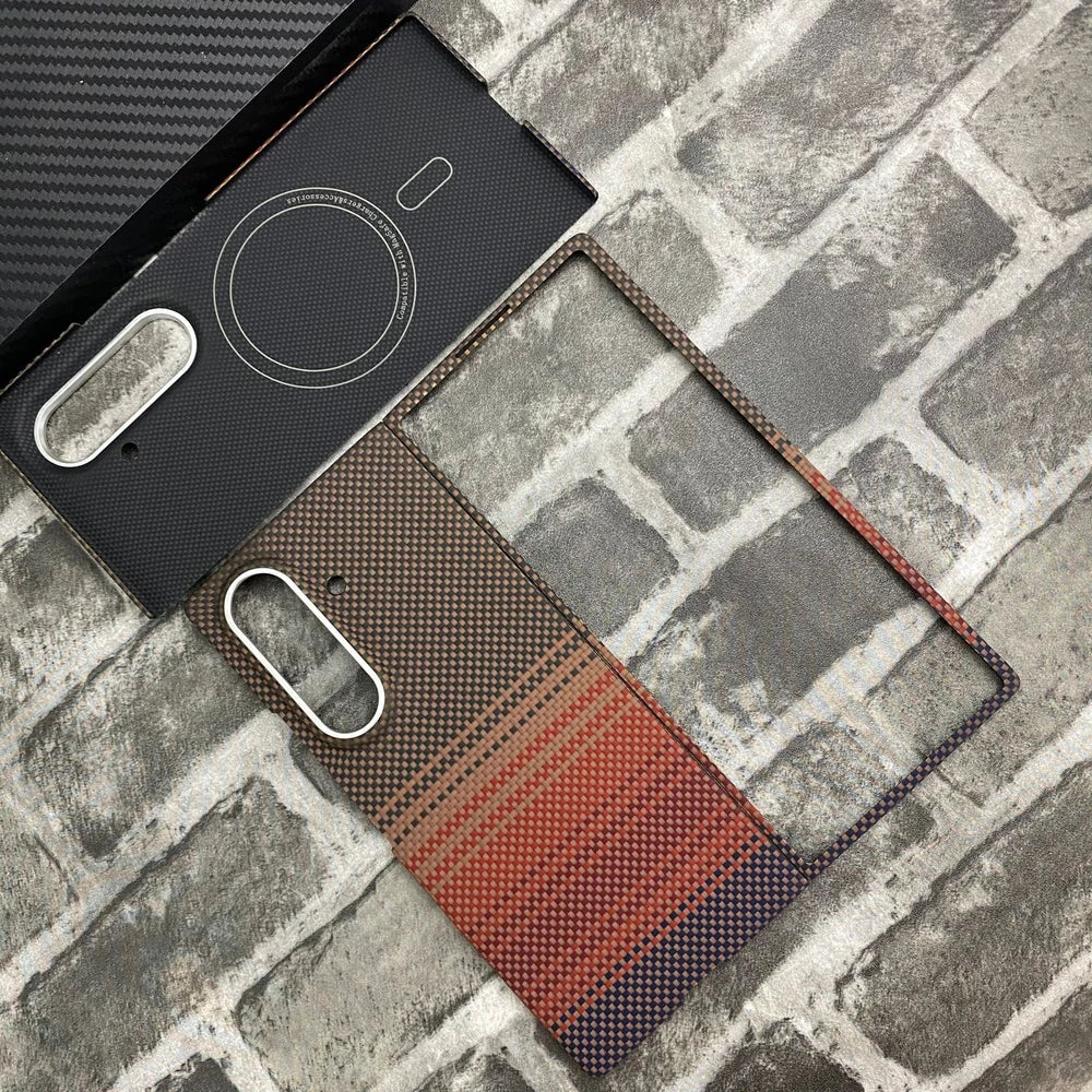 Aramid Fiber Magnetic Case for Samsung Galaxy Z Fold 8 Ultra in Sunset Red, full set without hinge protection, including back cover built with a MagSafe-compatible ring and front frame.