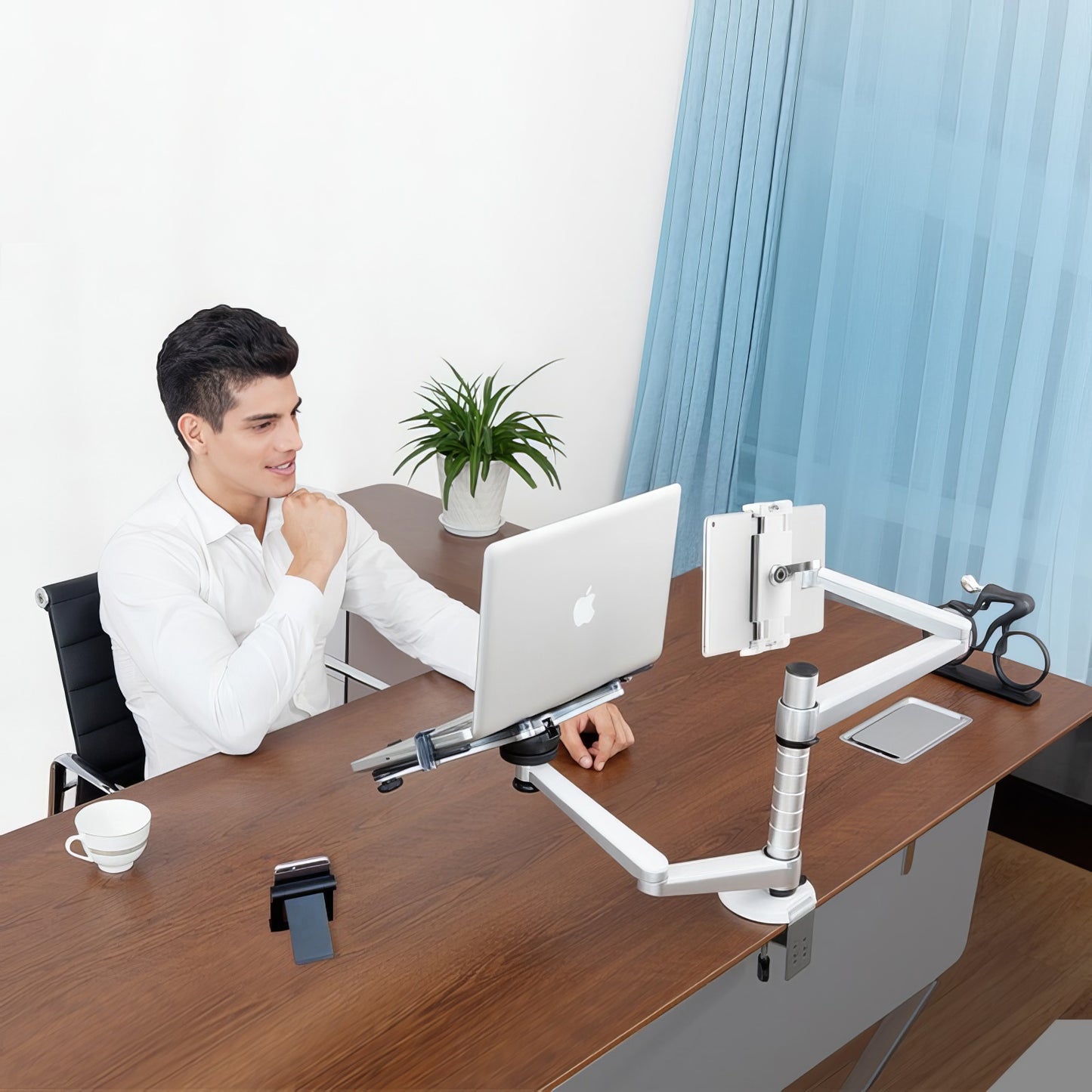 Desktop Tablet (12.9") & Laptop (15.6") Dual Arm Mount Holder Stand_scenario office show